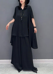 Black Button Solid Shirts And Wide Leg Pants Two Piece Set Half Sleeve