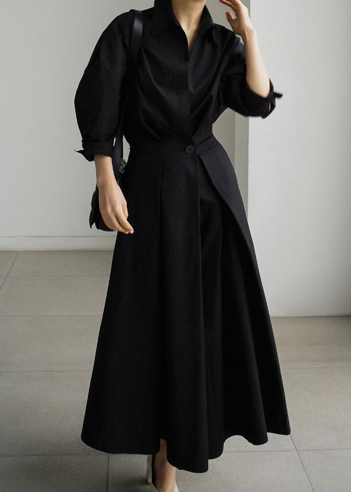 Schwarze, geknöpfte Baumwollkleider mit langen Ärmeln