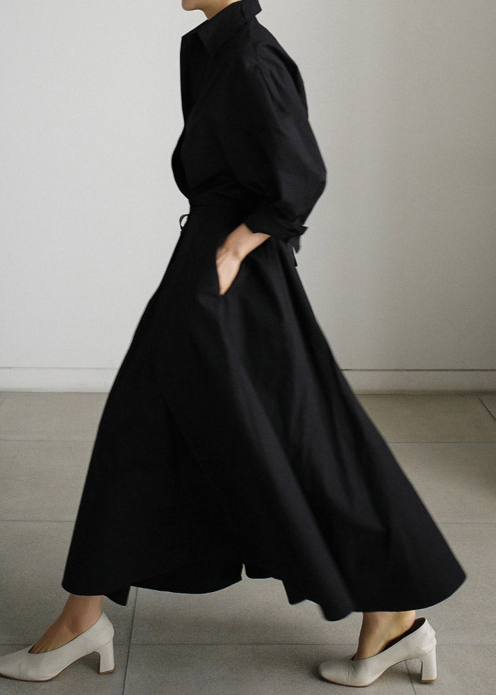 Black Button Wrinkled Cotton Dresses Long Sleeve