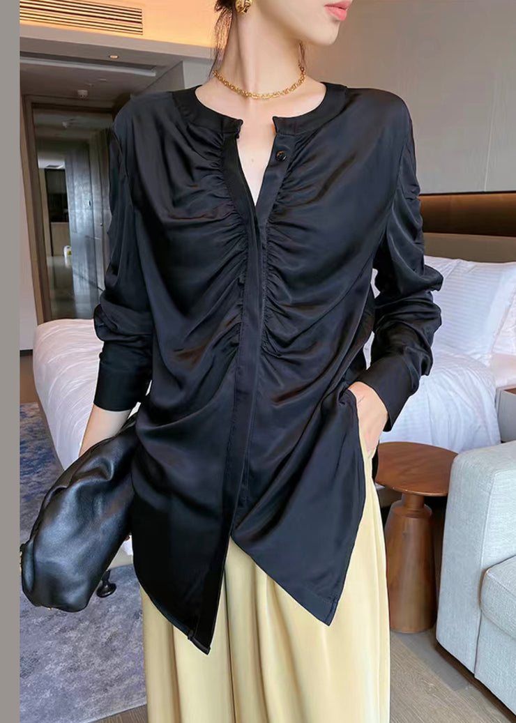 Black Button Wrinkled Patchwork Silk Shirts O Neck Long Sleeve