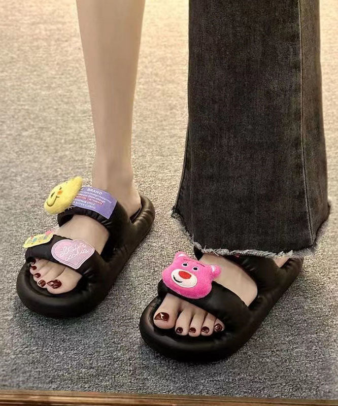 Black Cartoon Decorated Peep Toe Soft Splicing Slide Sandals