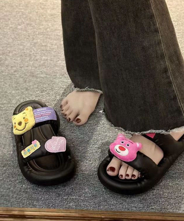 Black Cartoon Decorated Peep Toe Soft Splicing Slide Sandals