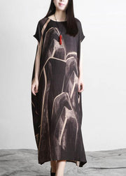 Black Chocolate Print Asymmetric Long Dresses O Neck - SooLinen