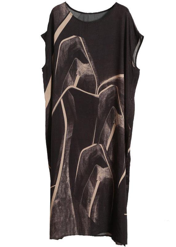 Black Chocolate Print Asymmetric Long Dresses O Neck - SooLinen