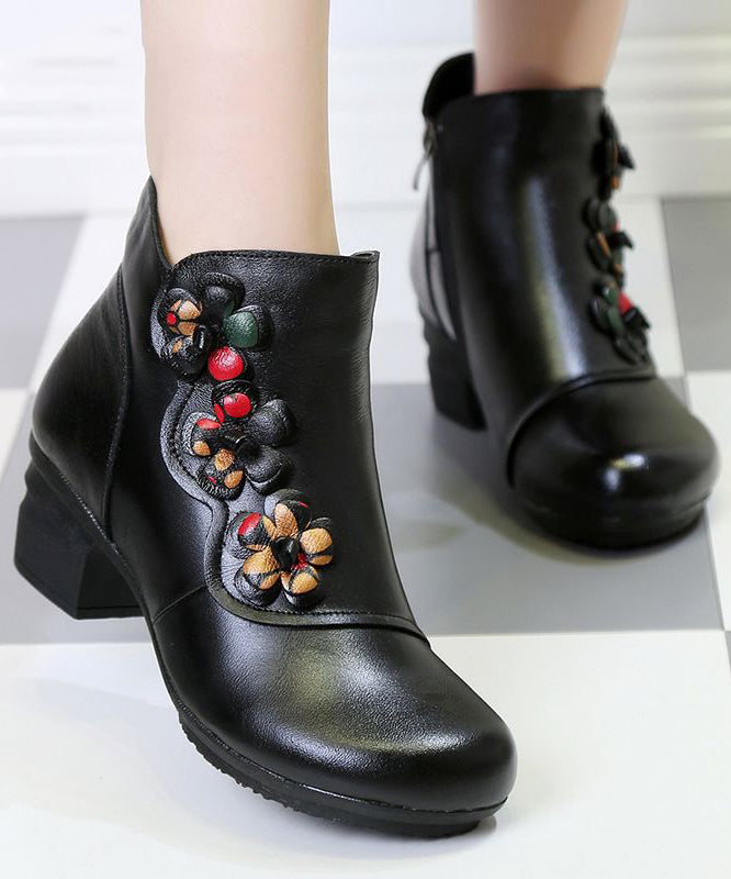Black Chunky Heel Cowhide Leather Casual Splicing Boots
