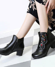 Black Chunky Heel Cowhide Leather Casual Splicing Boots