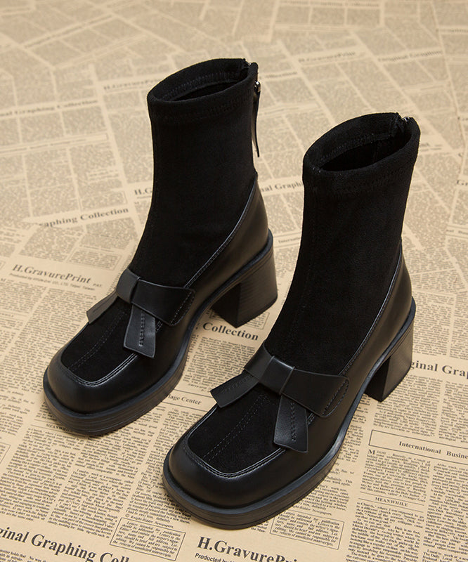 Black Chunky Suede Soft Zippered Stylish Splicing Boots