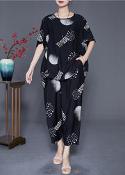 Black Circle Loose Cotton Two Piece Set Chinese Button Summer