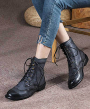 Black Comfy Boots Cowhide Leather Retro Cross Strap Splicing
