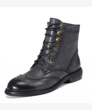 Black Comfy Boots Cowhide Leather Retro Cross Strap Splicing