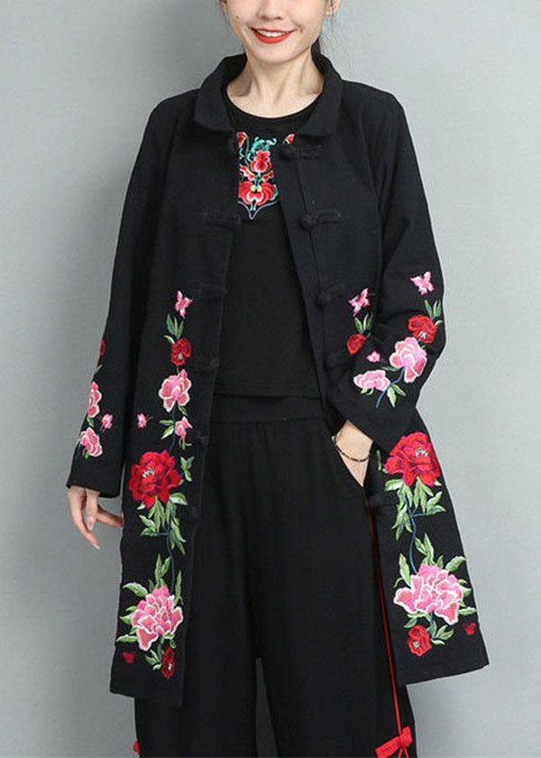 Black Cotton Coats Embroidered Oriental Button Fall