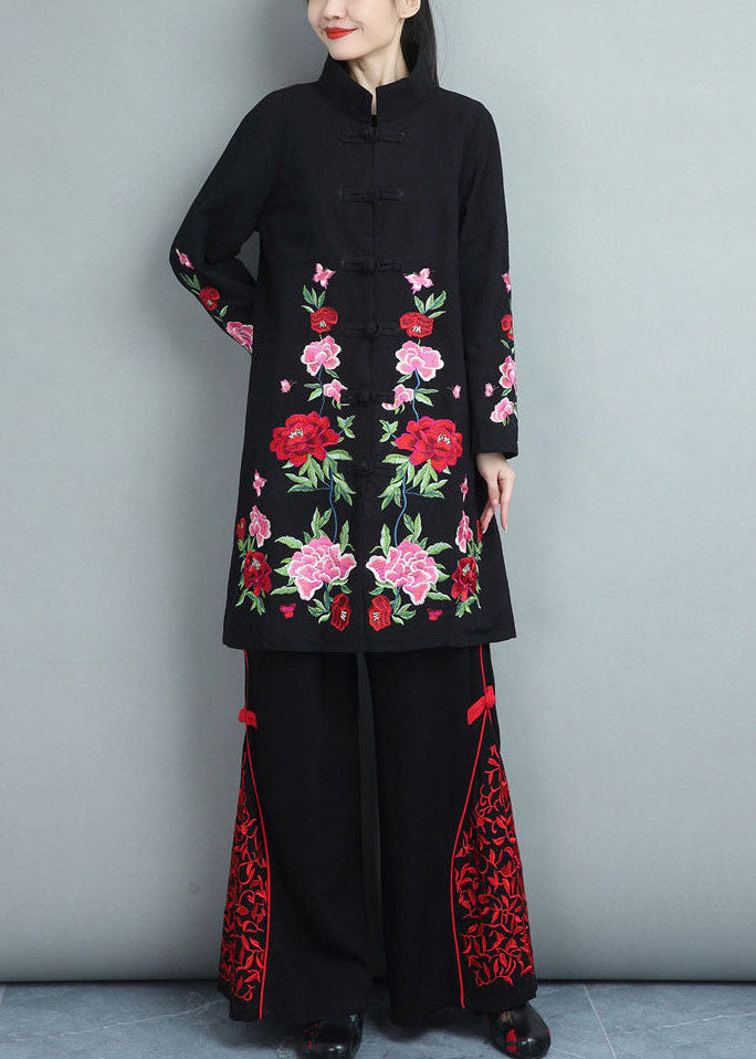 Black Cotton Coats Embroidered Oriental Button Fall