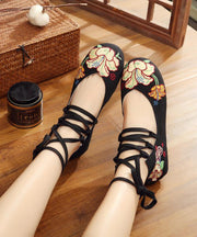 Black Cotton Fabric Embroidered Flats Handmade Cross Strap Flat Feet Shoes