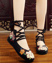 Flache Schuhe aus schwarzem Baumwollstoff, bestickt, handgefertigte Schuhe mit Kreuzriemen und flachen Füßen