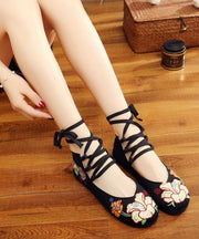 Black Cotton Fabric Embroidered Flats Handmade Cross Strap Flat Feet Shoes