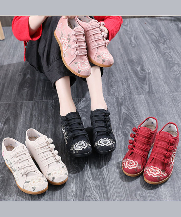 Black Cotton Fabric High Wedge Heels Shoes Embroidered Buckle Strap Flat Shoes For Women