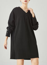 Black Cotton Loose Sweatshirt Dress V Neck Button Spring