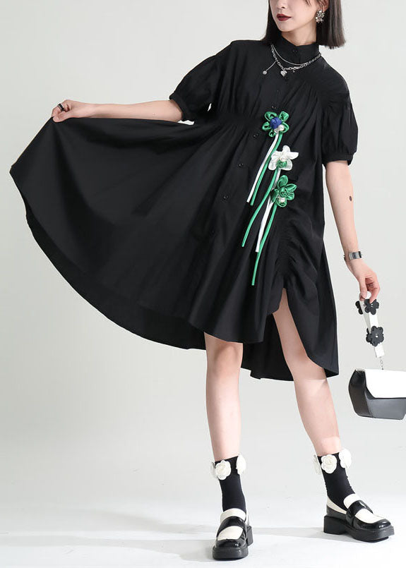 Black Cotton Mid Dress Exra Large Hem Cinched Applique Short Sleeve