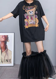 Black Cotton T Shirt Tops And Tulle Skirts Two Pieces Set O-Neck Wrinkled Summer