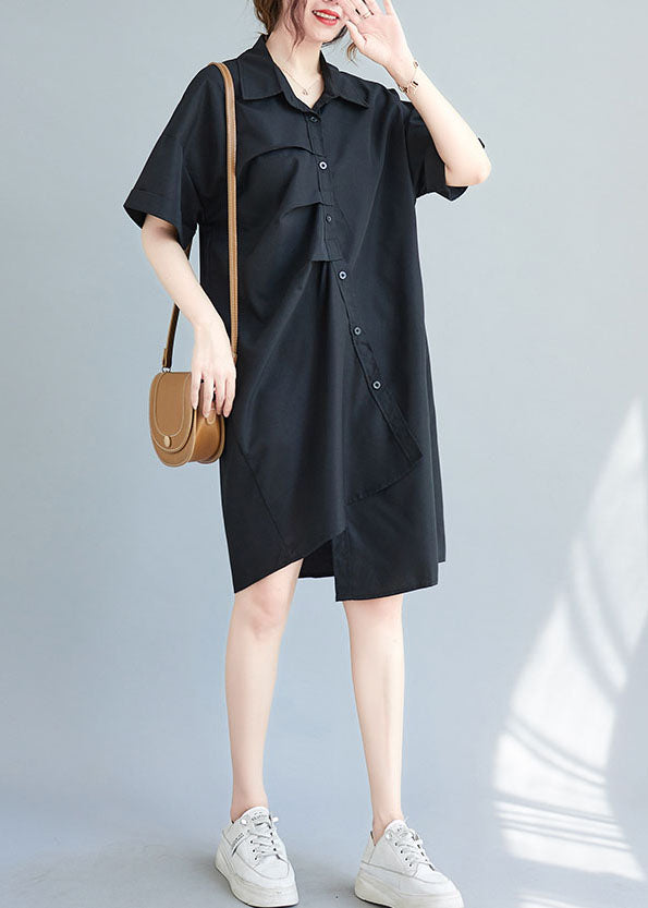 Black Cotton Vacation Dresses Asymmetrical Wrinkled Summer