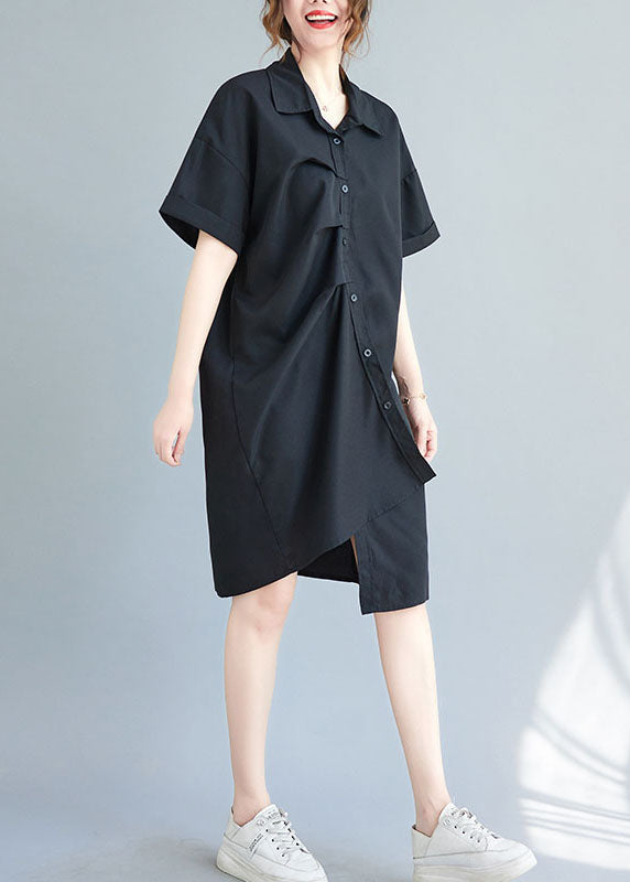 Black Cotton Vacation Dresses Asymmetrical Wrinkled Summer