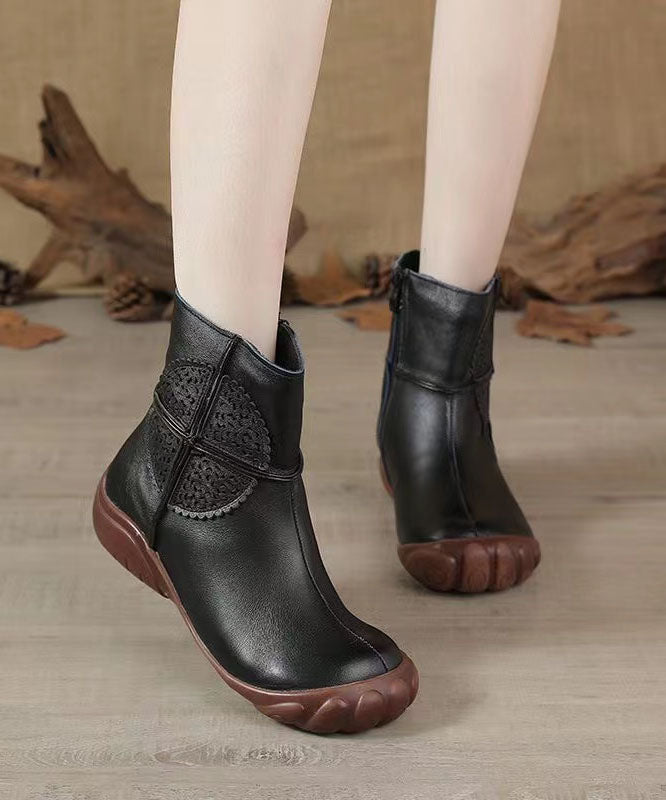 Black Cowhide Leather Boots Zippered Splicing Hollow Out