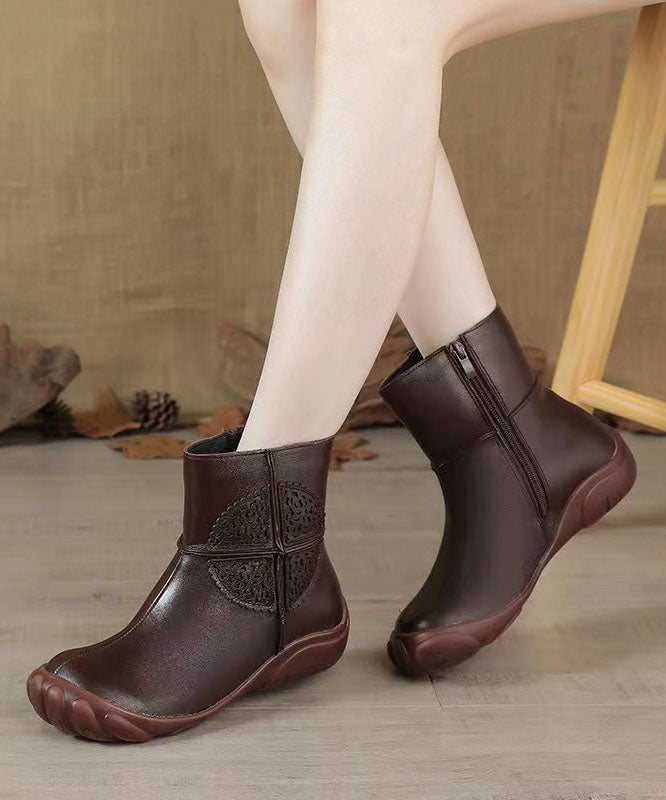 Black Cowhide Leather Boots Zippered Splicing Hollow Out