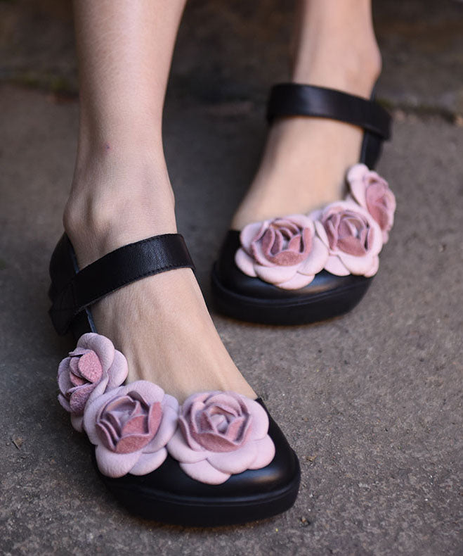 Black Cowhide Leather Classy Buckle Strap Splicing Floral Walking Sandals