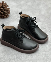Black Cowhide Leather Flat Boots Casual Lace Up Ankle Boots