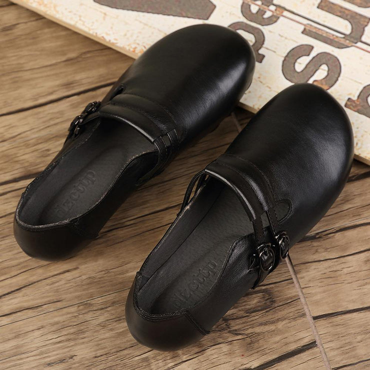 Black Cowhide Leather Flat Shoes Buckle Strap Flats - SooLinen