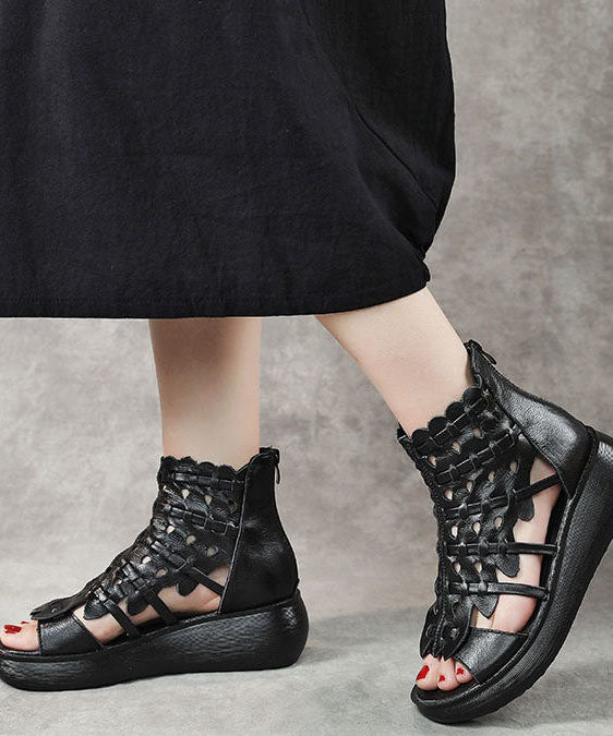 Black Cowhide Leather Hollow Out Splicing Peep Toe Platform Sandals