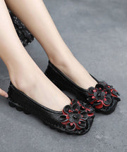 Black Cowhide Leather Splicing Floral Flat Shoes For Women