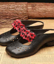 Black Cowhide Leather Splicing Hollow Out Slide Sandals