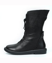Black Cowhide Leather Stylish Handmade Zippered Splicing Boots