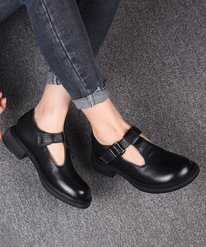 Black Cowhide Leather Women Simple Splicing Buckle Strap Flats
