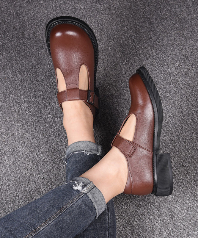 Black Cowhide Leather Women Simple Splicing Buckle Strap Flats