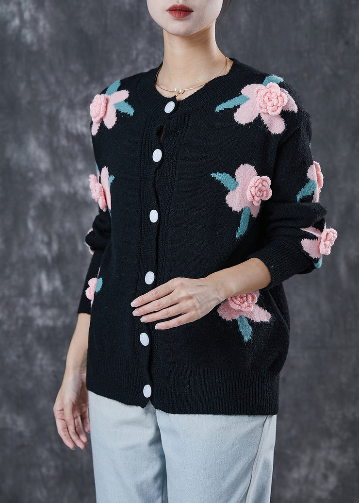 Black Cozy Knit Cardigans Stereoscopic Floral Spring