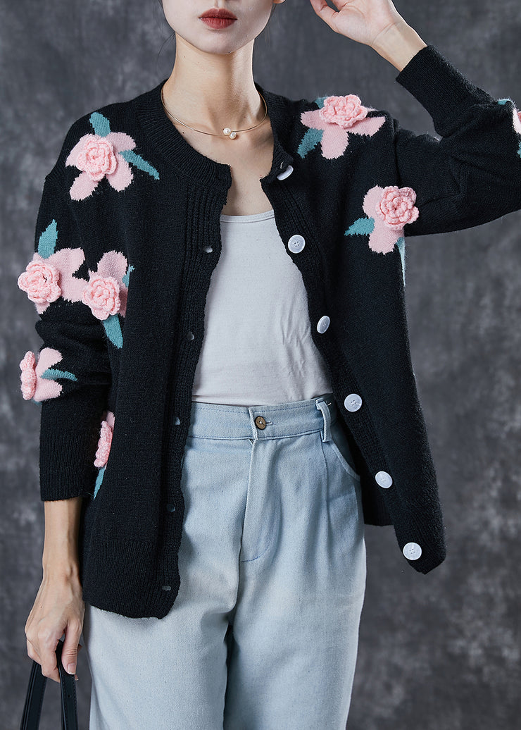 Black Cozy Knit Cardigans Stereoscopic Floral Spring