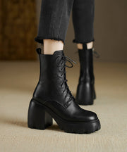 Black Cross Strap Fashion Splicing Cowhide Leather Chunky Boots