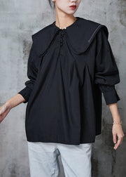 Black Cute Cotton Blouses Double-layer Collar Spring