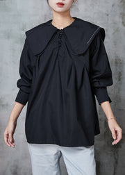 Black Cute Cotton Blouses Double-layer Collar Spring
