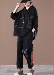 Black Denim StitChing Embroidery Casual Suit - SooLinen