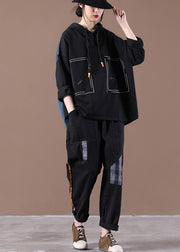 Black Denim StitChing Embroidery Casual Suit - SooLinen