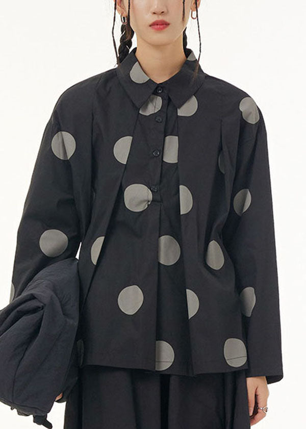 Black Dot Print Patchwork Cotton Shirt Peter Pan Collar Wrinkled Spring