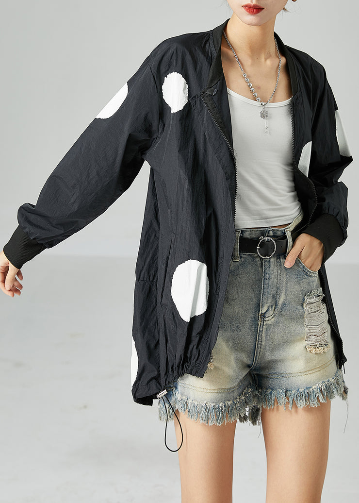 Black Dot Print Silk Jacket Stand Collar Drawstring Spring