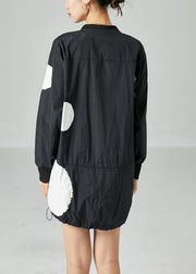 Black Dot Print Silk Jacket Stand Collar Drawstring Spring