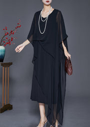 Black Draping Chiffon Robe Dresses Asymmetrical Cloak Sleeves