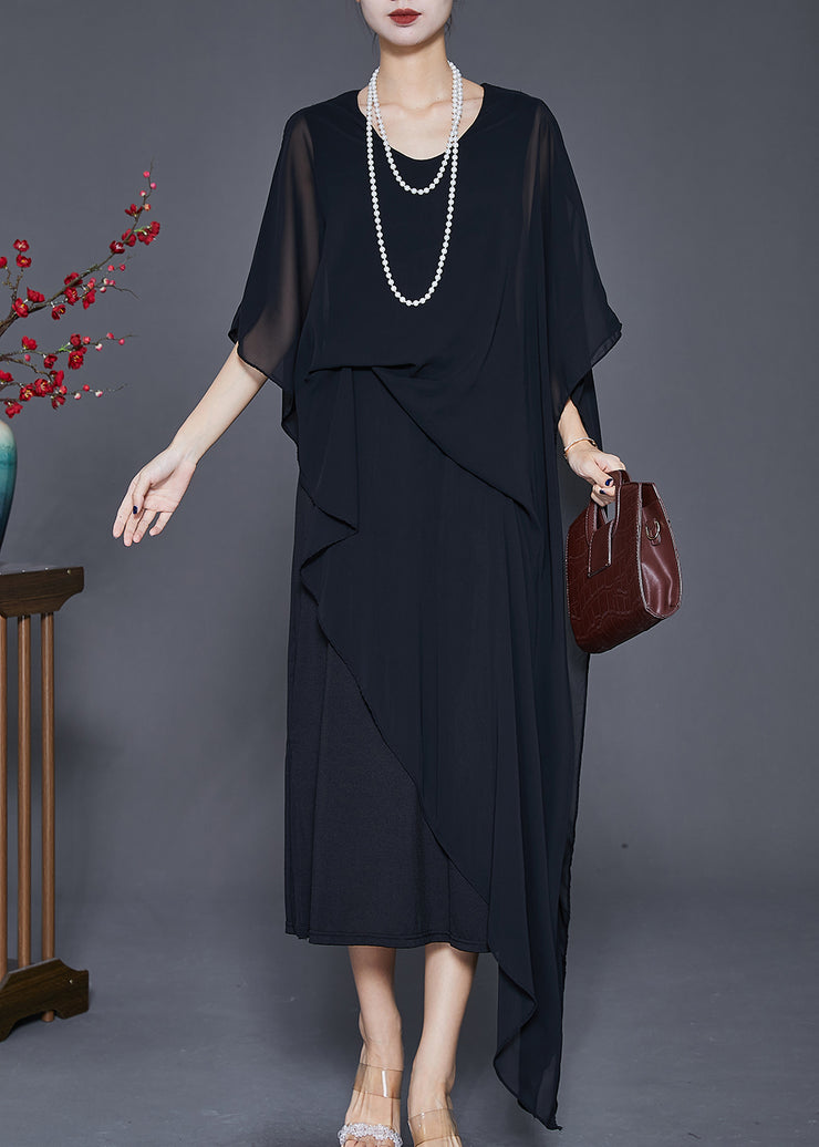 Black Draping Chiffon Robe Dresses Asymmetrical Cloak Sleeves