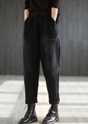 Schwarze, elastische Taille, dicke, warme Fleece-Taschen, Jeans-Haremshose, Winter