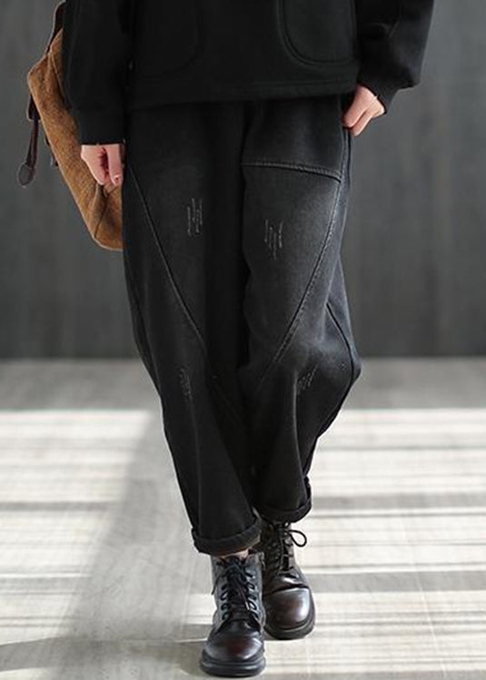 Schwarze, elastische Taille, dicke, warme Fleece-Taschen, Jeans-Haremshose, Winter